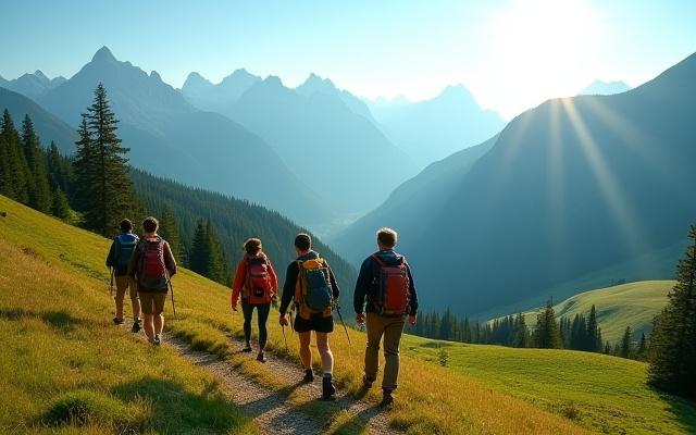 Wandergruppe im Sonnenlicht auf einem Bergpfad in den österreichischen Alpen mit Panoramablick auf die Gipfel.